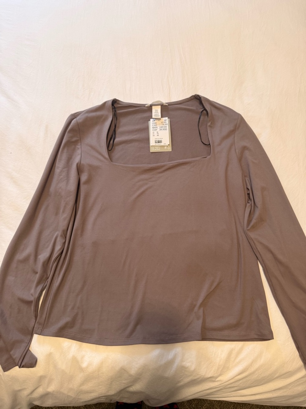 H&M Long Sleeve Square Neck Top in Taupe Gray